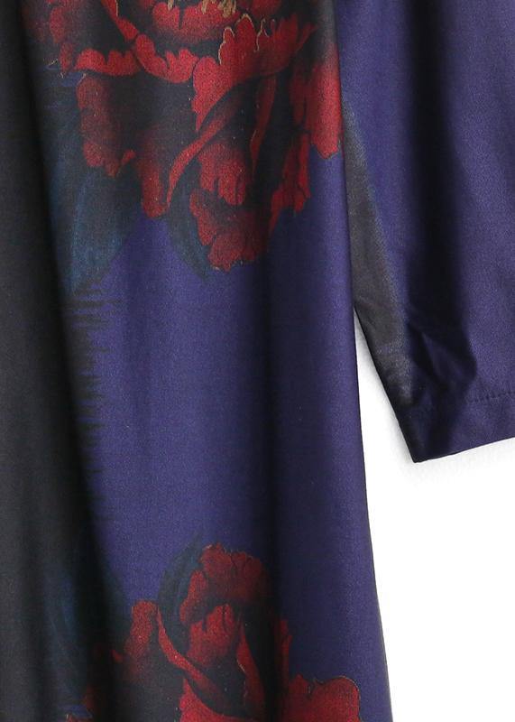 Vivid blue print dress o neck pockets Maxi fall Dress - SooLinen