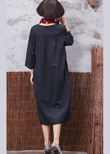 Vivid bracelet sleeved cotton linen quilting clothes Inspiration black Cinched Dress summer - SooLinen