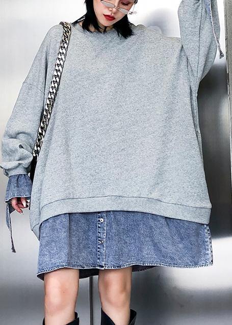 Vivid gray Cotton dress patchwork false two pieces Art Dress - SooLinen