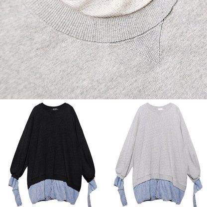 Vivid gray Cotton dress patchwork false two pieces Art Dress - SooLinen