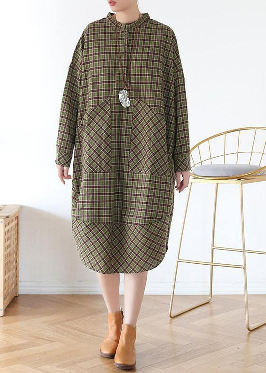 Vivid green plaid quilting clothes pockets Plus Size fall Dress - SooLinen