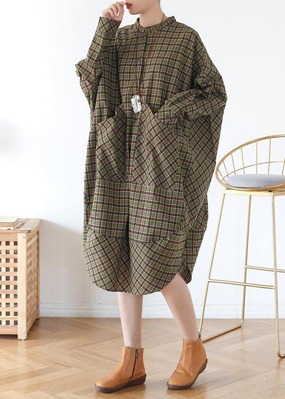 Vivid green plaid quilting clothes pockets Plus Size fall Dress - SooLinen