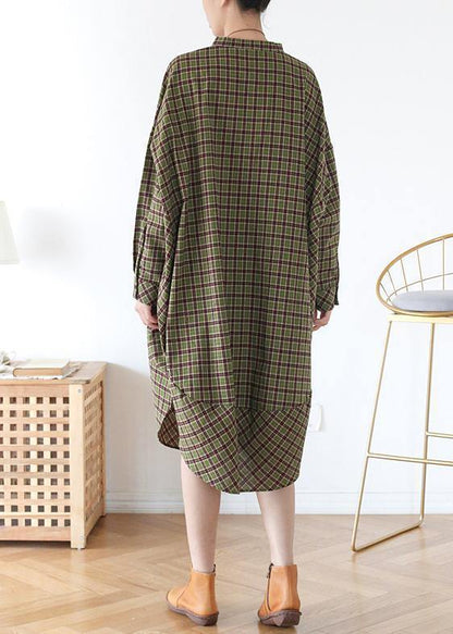 Vivid green plaid quilting clothes pockets Plus Size fall Dress - SooLinen