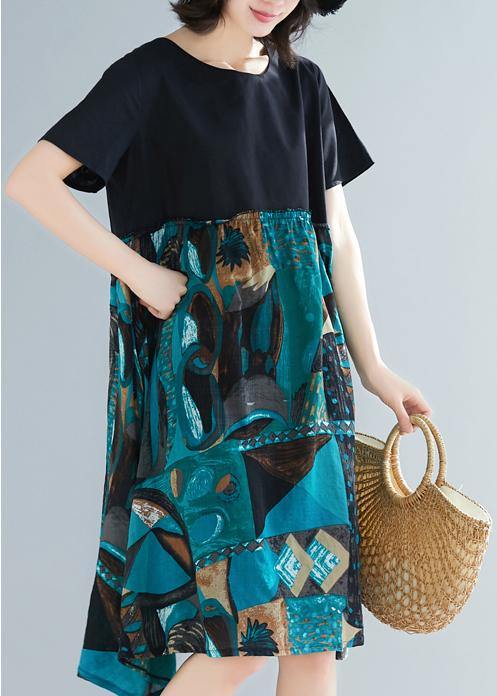 Vivid green prints linen Tunic plus size o neck daily short sleeve Dress - SooLinen