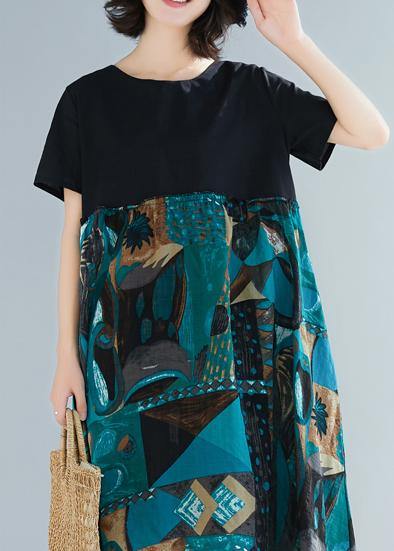 Vivid green prints linen Tunic plus size o neck daily short sleeve Dress - SooLinen