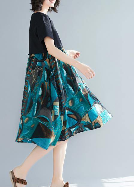 Vivid green prints linen Tunic plus size o neck daily short sleeve Dress - SooLinen