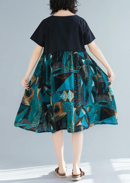 Vivid green prints linen Tunic plus size o neck daily short sleeve Dress - SooLinen