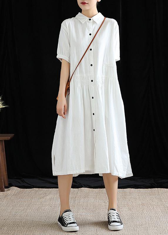 Vivid lapel Cinched cotton linen Wardrobes Sleeve white Dresses - SooLinen