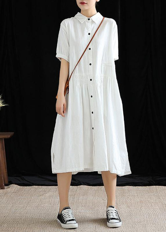 Vivid lapel Cinched cotton linen Wardrobes Sleeve white Dresses - SooLinen
