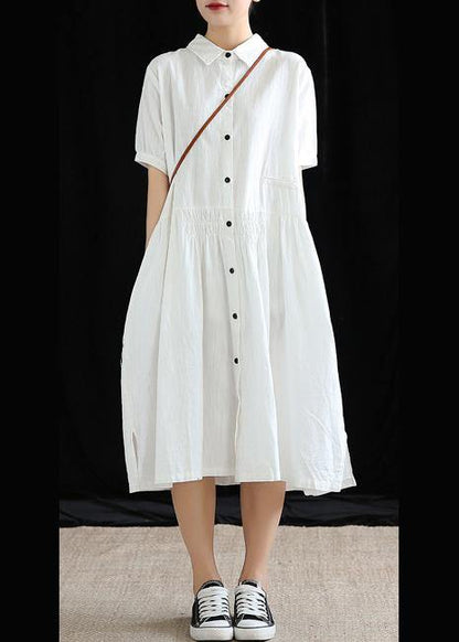 Vivid lapel Cinched cotton linen Wardrobes Sleeve white Dresses - SooLinen