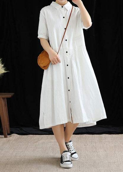 Vivid lapel Cinched cotton linen Wardrobes Sleeve white Dresses - SooLinen