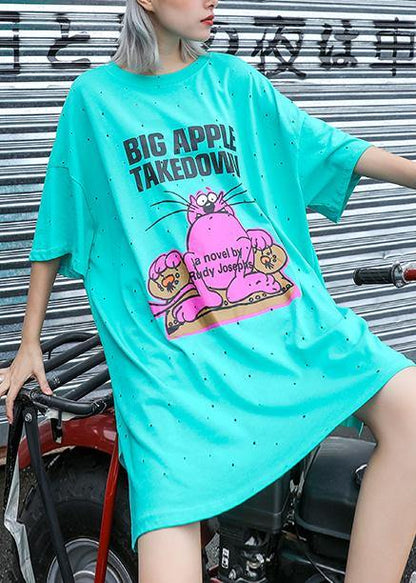 Vivid light green Cotton Long Shirts o neck back open Midi summer Dress - SooLinen