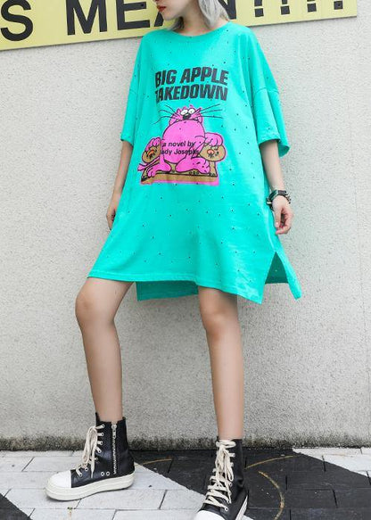 Vivid light green Cotton Long Shirts o neck back open Midi summer Dress - SooLinen