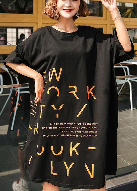 Vivid o neck Cotton quilting dresses Inspiration short sleeve Dresses black - SooLinen