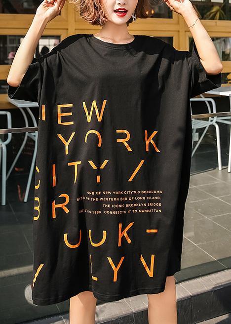 Vivid o neck Cotton quilting dresses Inspiration short sleeve Dresses black - SooLinen