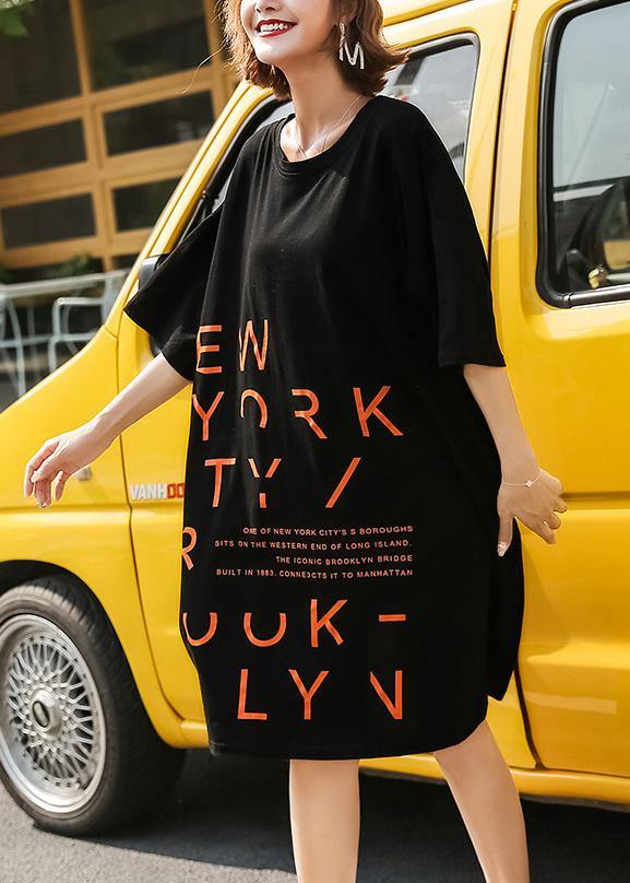 Vivid o neck Cotton quilting dresses Inspiration short sleeve Dresses black - SooLinen