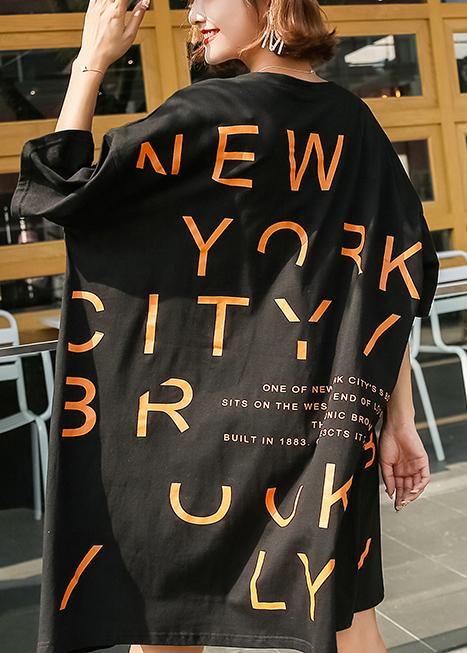 Vivid o neck Cotton quilting dresses Inspiration short sleeve Dresses black - SooLinen