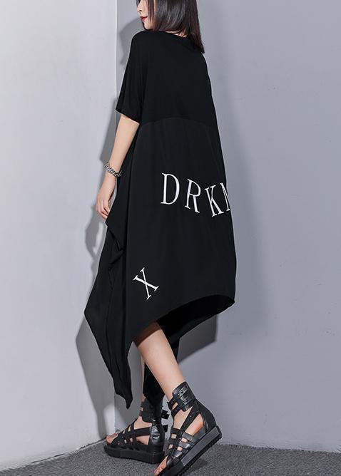 Vivid o neck asymmetric cotton tunics for women Inspiration black Maxi Dress summer - SooLinen