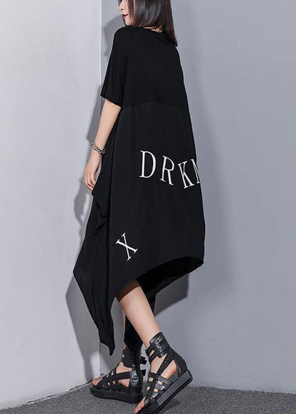 Vivid o neck asymmetric cotton tunics for women Inspiration black Maxi Dress summer - SooLinen