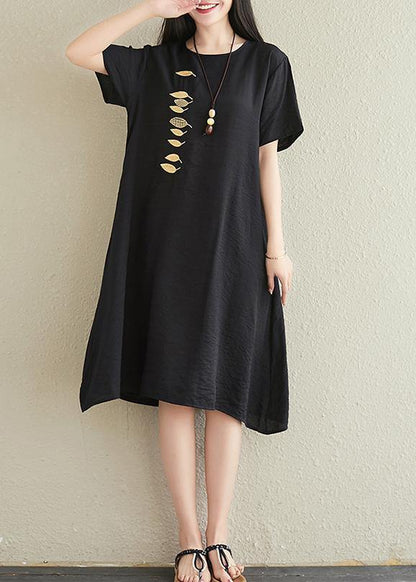 Vivid o neck embroidery cotton linen dresses Tutorials black Dresses summer - SooLinen