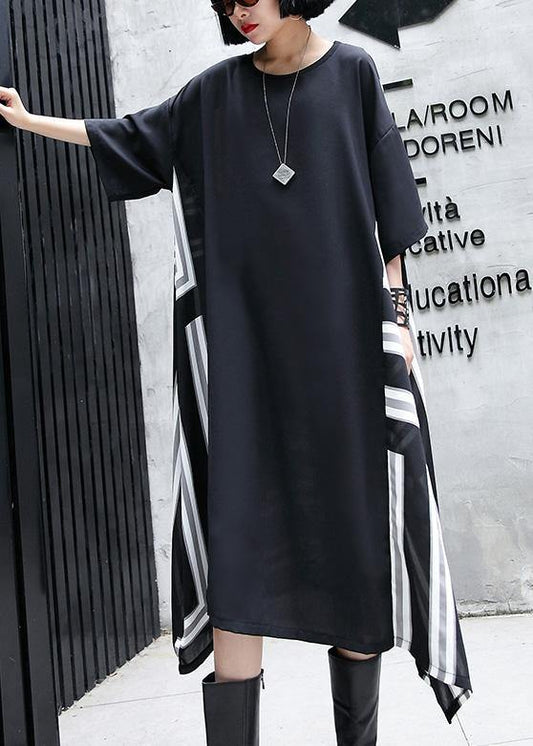 Vivid o neck patchwork cotton dresses Work Outfits black Maxi Dresses summer - SooLinen