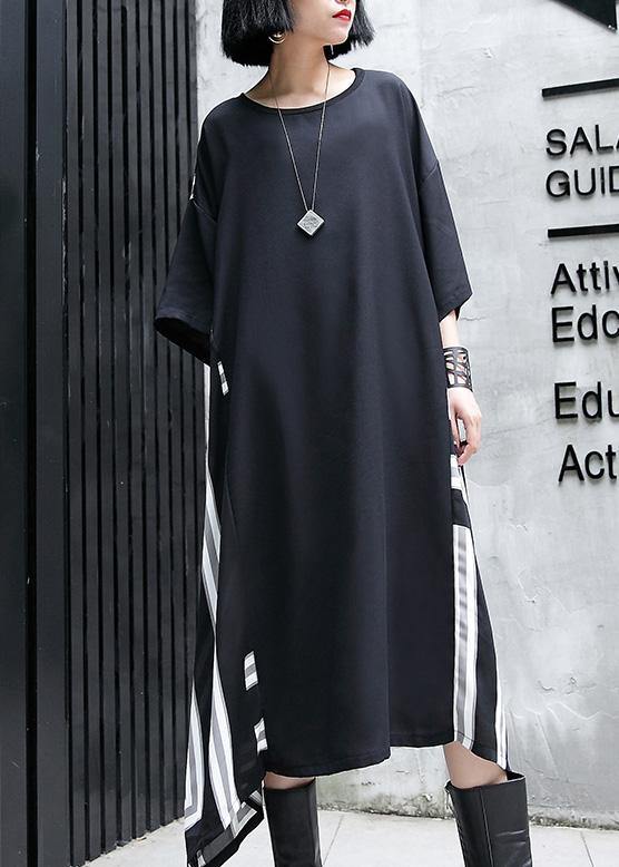 Vivid o neck patchwork cotton dresses Work Outfits black Maxi Dresses summer - SooLinen