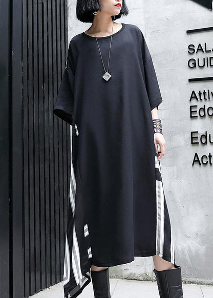 Vivid o neck patchwork cotton dresses Work Outfits black Maxi Dresses summer - SooLinen