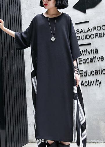 Vivid o neck patchwork cotton dresses Work Outfits black Maxi Dresses summer - SooLinen