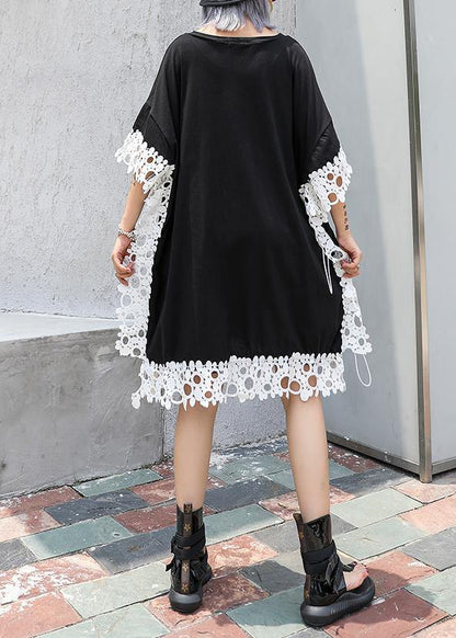Vivid o neck patchwork lace Cotton for women black Dress summer - SooLinen