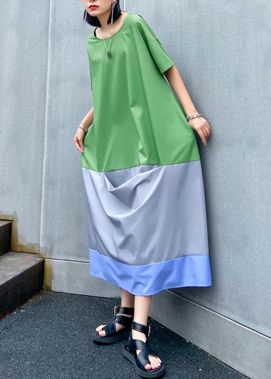 Vivid o neck patchwork summer tunic pattern linen green Plus Size  Dress - SooLinen