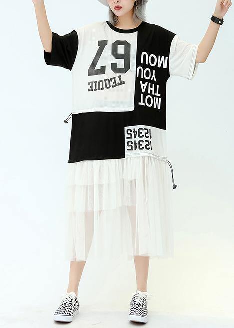 Vivid o neck patchwork tulle cotton quilting dresses black print Traveling Dresses summer - SooLinen