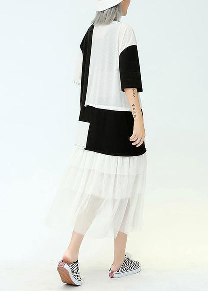 Vivid o neck patchwork tulle cotton quilting dresses black print Traveling Dresses summer - SooLinen