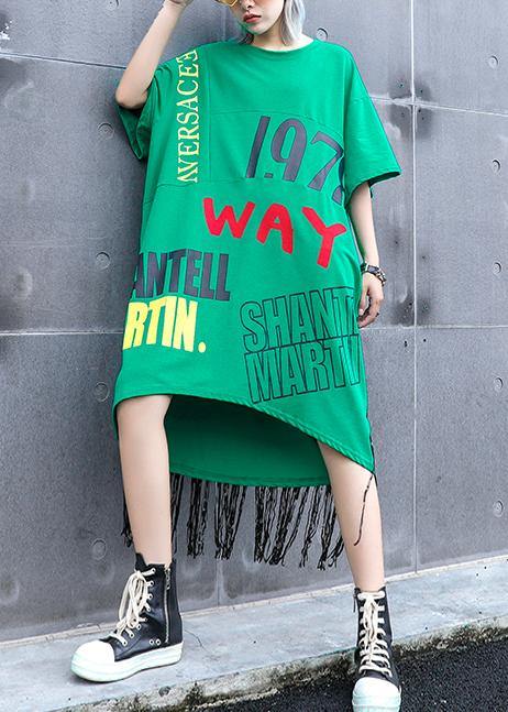 Vivid o neck tassel cotton clothes Women Sewing green print Plus Size Dress summer - SooLinen