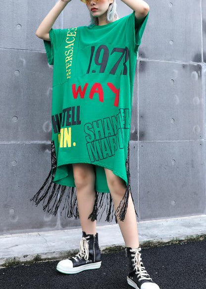 Vivid o neck tassel cotton clothes Women Sewing green print Plus Size Dress summer - SooLinen