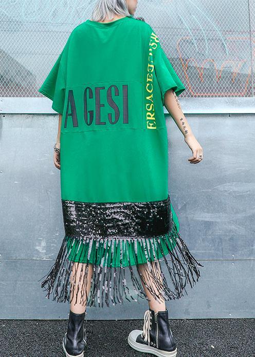 Vivid o neck tassel cotton clothes Women Sewing green print Plus Size Dress summer - SooLinen