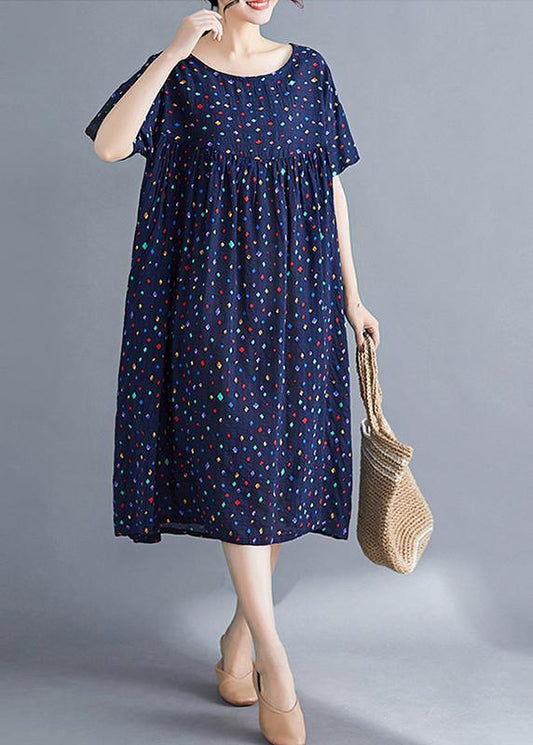 Vivid o neck Cinched cotton dresses Sewing blue print long Dresses summer - SooLinen