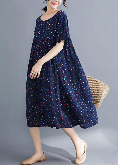 Vivid o neck Cinched cotton dresses Sewing blue print long Dresses summer - SooLinen