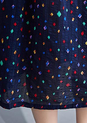 Vivid o neck Cinched cotton dresses Sewing blue print long Dresses summer - SooLinen