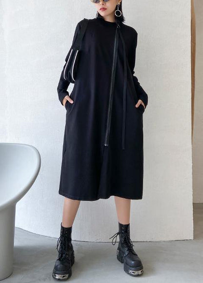 Vivid o neck zippered fall Tunics Runway black Dress - SooLinen