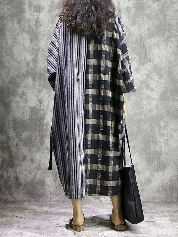 Vivid plaid linen quilting dresses v neck patchwork Dress - SooLinen