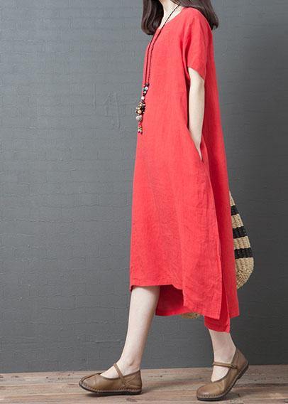 Vivid red cotton tunic dress o neck side open Maxi summer Dress - SooLinen