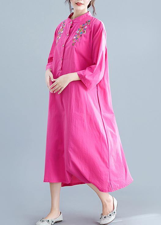 Vivid rose embroidery cotton clothes For Women stand collar pockets Maxi summer Dresses - SooLinen