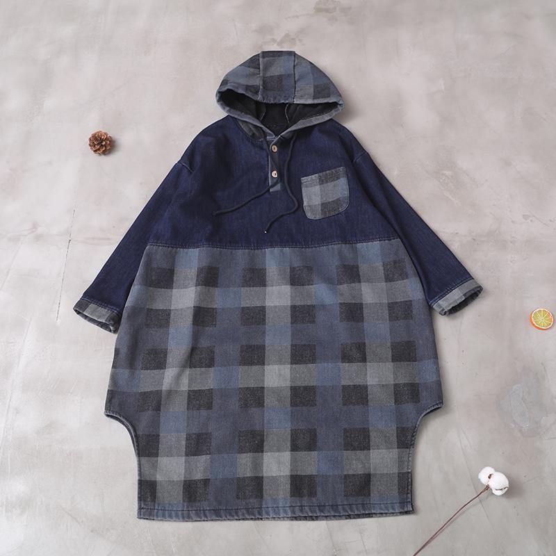 Vivid side open cotton patchwork Tunic Work Outfits blue hooded Maxi Dress - SooLinen