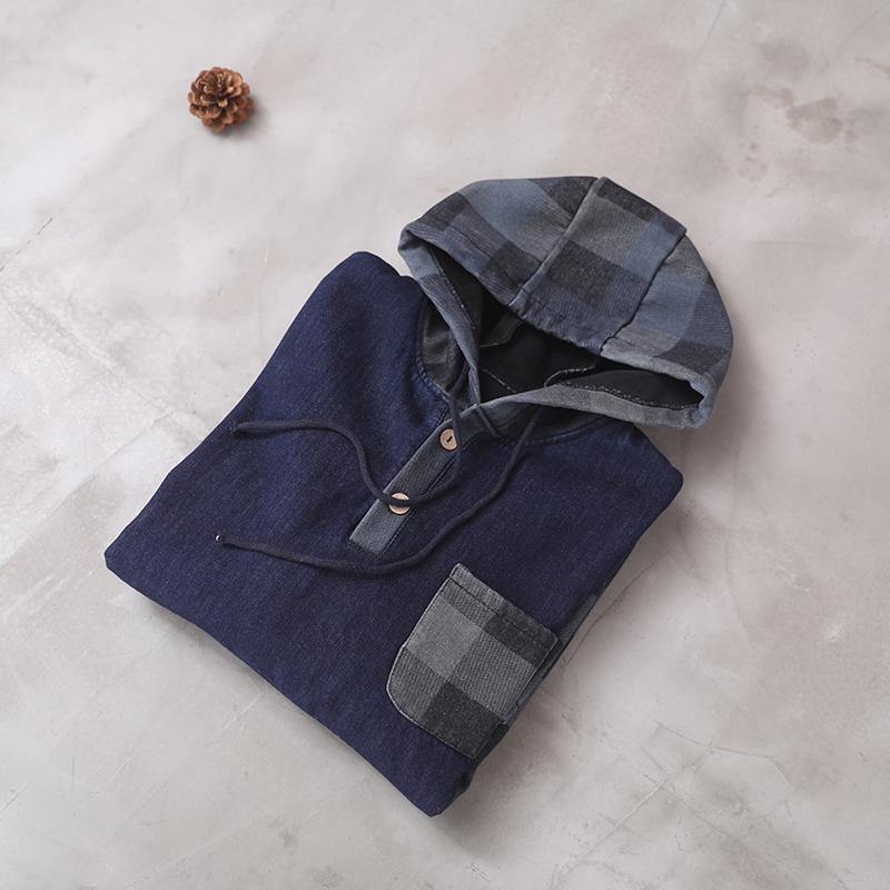 Vivid side open cotton patchwork Tunic Work Outfits blue hooded Maxi Dress - SooLinen