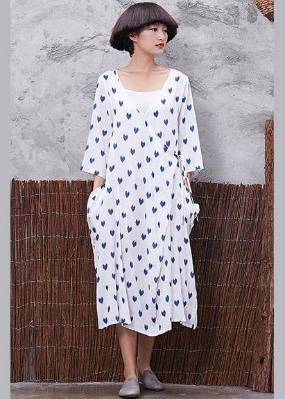 Vivid v neck linen cotton Soft Surroundings linen white prints Dresses summer - SooLinen