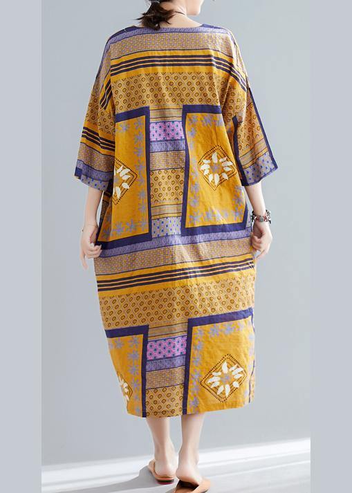 Vivid v neck side open cotton quilting dresses Tutorials yellow print long Dresses summer - SooLinen