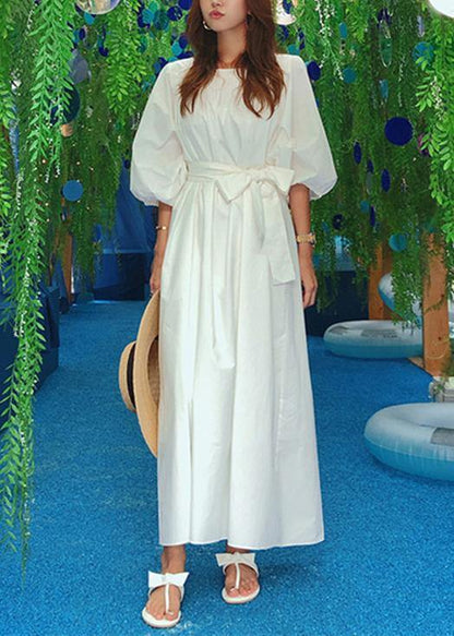 Vivid white cotton clothes o neck Bow Maxi summer Dress - SooLinen