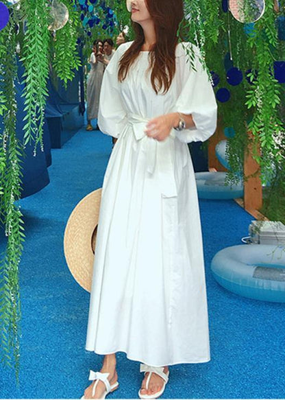 Vivid white cotton clothes o neck Bow Maxi summer Dress - SooLinen