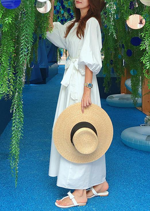Vivid white cotton clothes o neck Bow Maxi summer Dress - SooLinen
