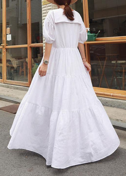 Vivid white linen clothes For Women Peter pan Collar Ruffles long Dress - SooLinen